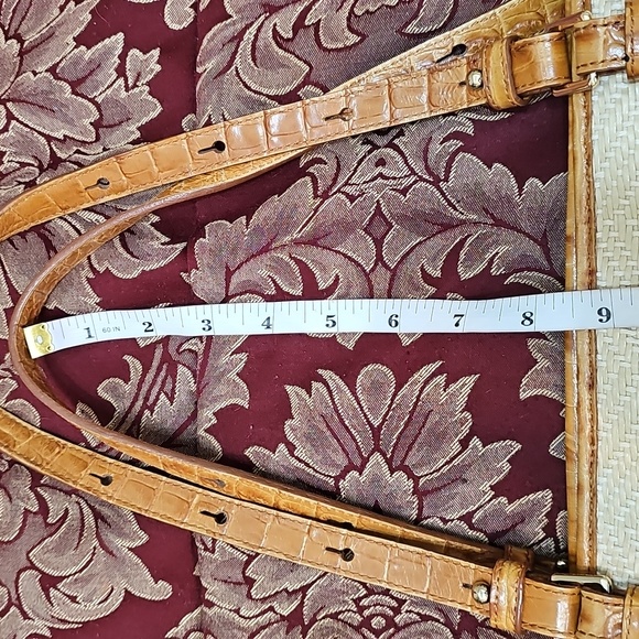 Brahmin Mini Asher Whiskey Stripe Raffia Tan and Cream Leather Tote Bag - Picture 13 of 14